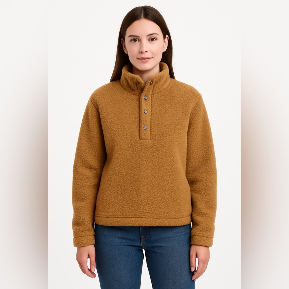 Aerie Sherpa Quarter Button Up Pullover Top Fuzzy Warm Burnt Orange Size L